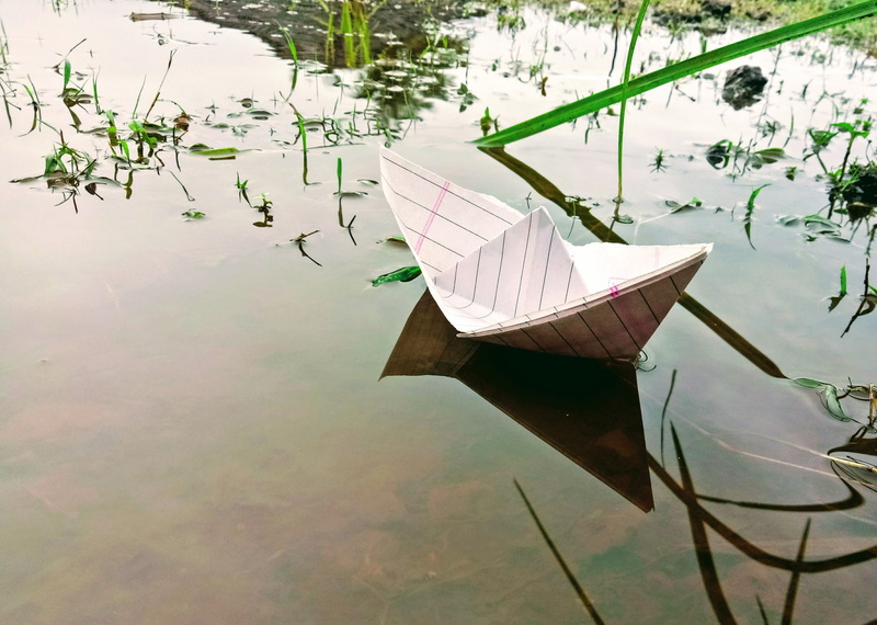 no people, plant part, mode of transportation, floating on water, rowboat, waterfront, lake, nature, handmade, 2K, floating, ship, paper boat, reflection