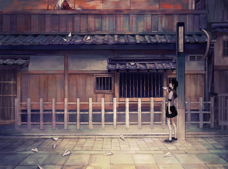 anime girls, real people, building exterior, street, anime boys, architecture, paper planes, lifestyles, 480P, one person, casual clothing, day, standing