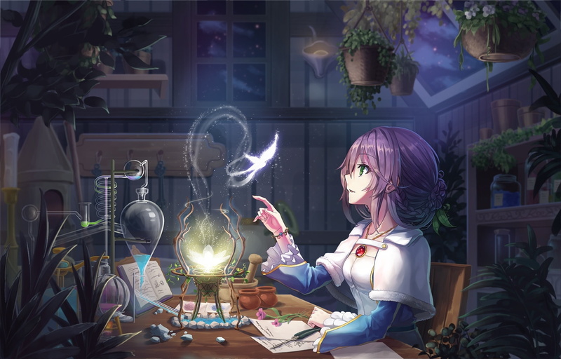 casual clothing, purple hair, one person, sitting, room, lighting equipment, outdoors, women, night, plant, light, anime girl, lifestyles, architecture