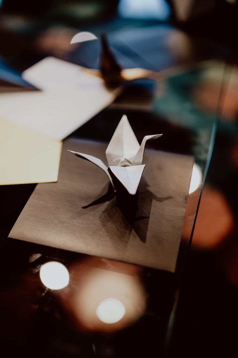 still life, japan, selective focus, paper, origami, creative, shiny, christmas, sheet, close-up, no people, reflection, decoration, making, artwork, high angle view