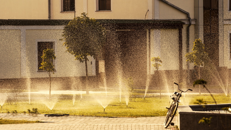 june, garden, sprinkler, concrete, Samarkand, water, 4K, central asia, heat, no people, front or back yard, plant, watering, rails, built structure, day