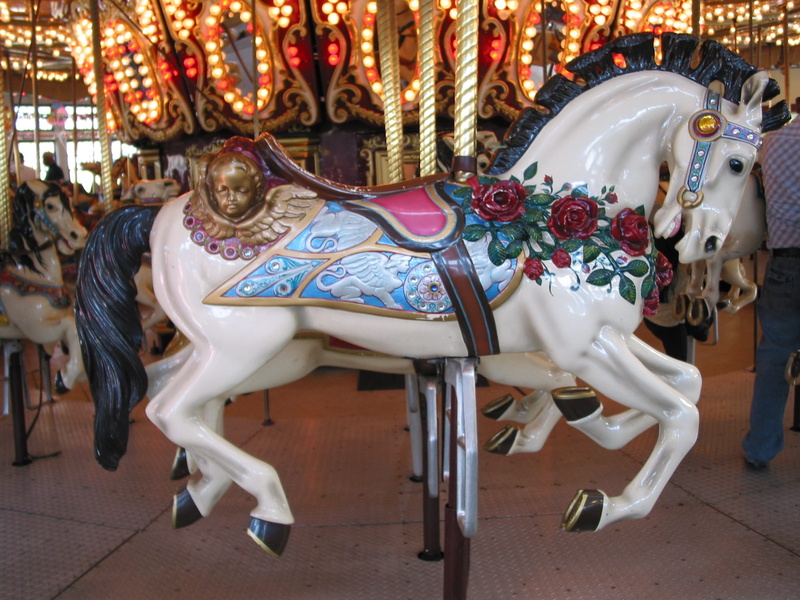 animal wildlife, horse, ornate, amusement park ride, mammal, art and craft, outdoors, fun, livestock, representation, retro, absence, colorful, carousel