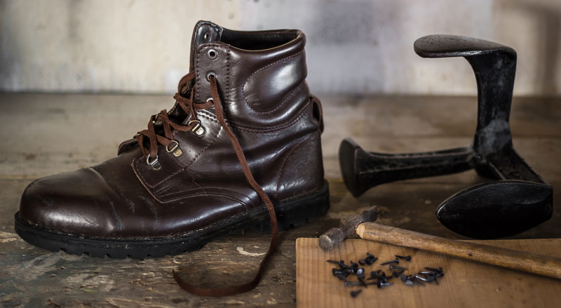 shoemaking, crafts, table, work tool, sole of shoe, hammer, wood - material, shoe, shoelace, still life, focus on foreground, close-up, indoors, leather