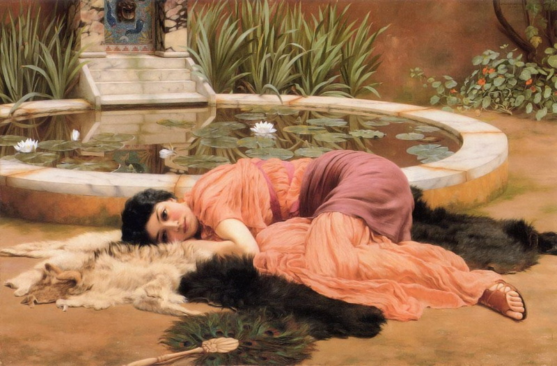 John William Waterhouse, fountain, 1080P, classic art, women