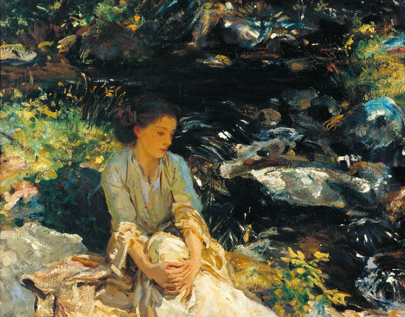 John Singer Sargent, solid, looking, day, 720P, nature, water, front view, leisure activity, classic art, one person, casual clothing, real people, rock - object