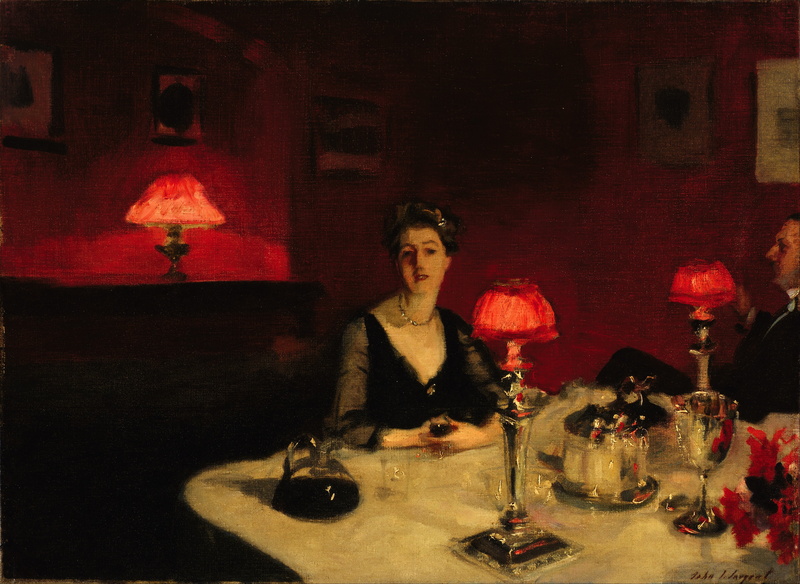 front view, adult, lifestyles, refreshment, table, drink, glass, portrait, sitting, alcohol, red, 4K, John Singer Sargent, fashion, looking at camera