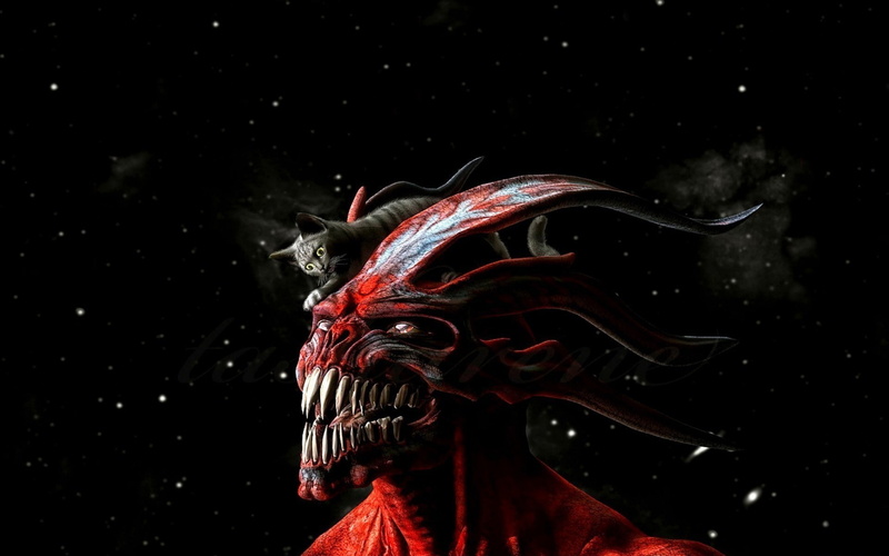 one animal, indoors, animal, costume, nature, digital composite, red, artwork, 1080P, Devil, horns, studio shot, animal themes, animal body part, cat