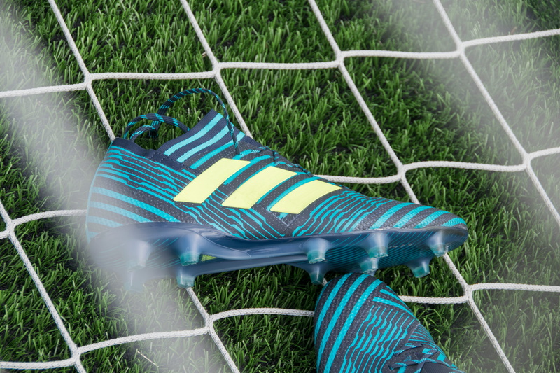 field, cleat, football shoe, blue, boot, seat, black, boundary, white, outdoors, barrier, high angle view, ocean, ball, plant, day, green color, adidas