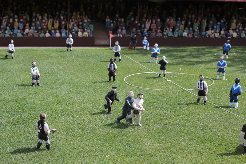 miniature, stadium, football, soccer team, outdoors, football game, crowd, summer, green, fans, game, grass, land, group of people, day, field, watching