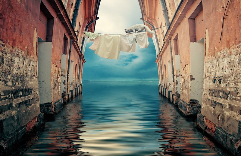 building, cat, alley, water, clothing, white clothing, outdoors, clouds, canal, day, no people, house, textile, 480P, hanging, drying, wall, nature, landscape