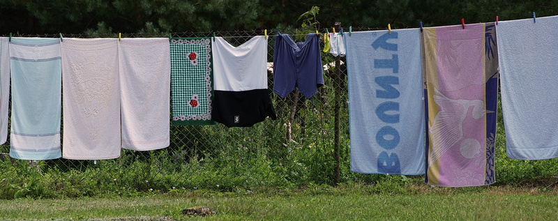 day, field, clothes line, textile, group of objects, hygiene, plant, laundry, front or back yard, towel, tree, clothespin, side by side, 5K, grass, dry