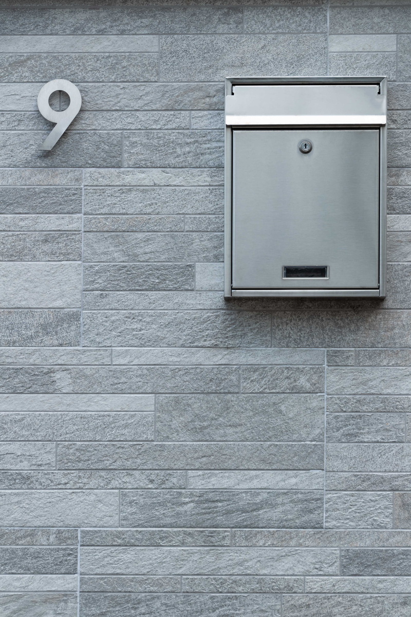 modern design, full frame, correspondence, brick, steel, minimalistic, simplicity, copy space, minimalism, post, nine, number, day, grey, technology, communication