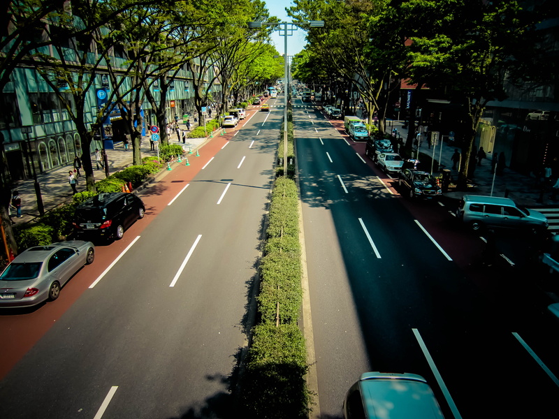 transportation, street, tree, city street, motor vehicle, symbol, city, road marking, outdoors, nature, japan, incidental people, plant, architecture, shibuya