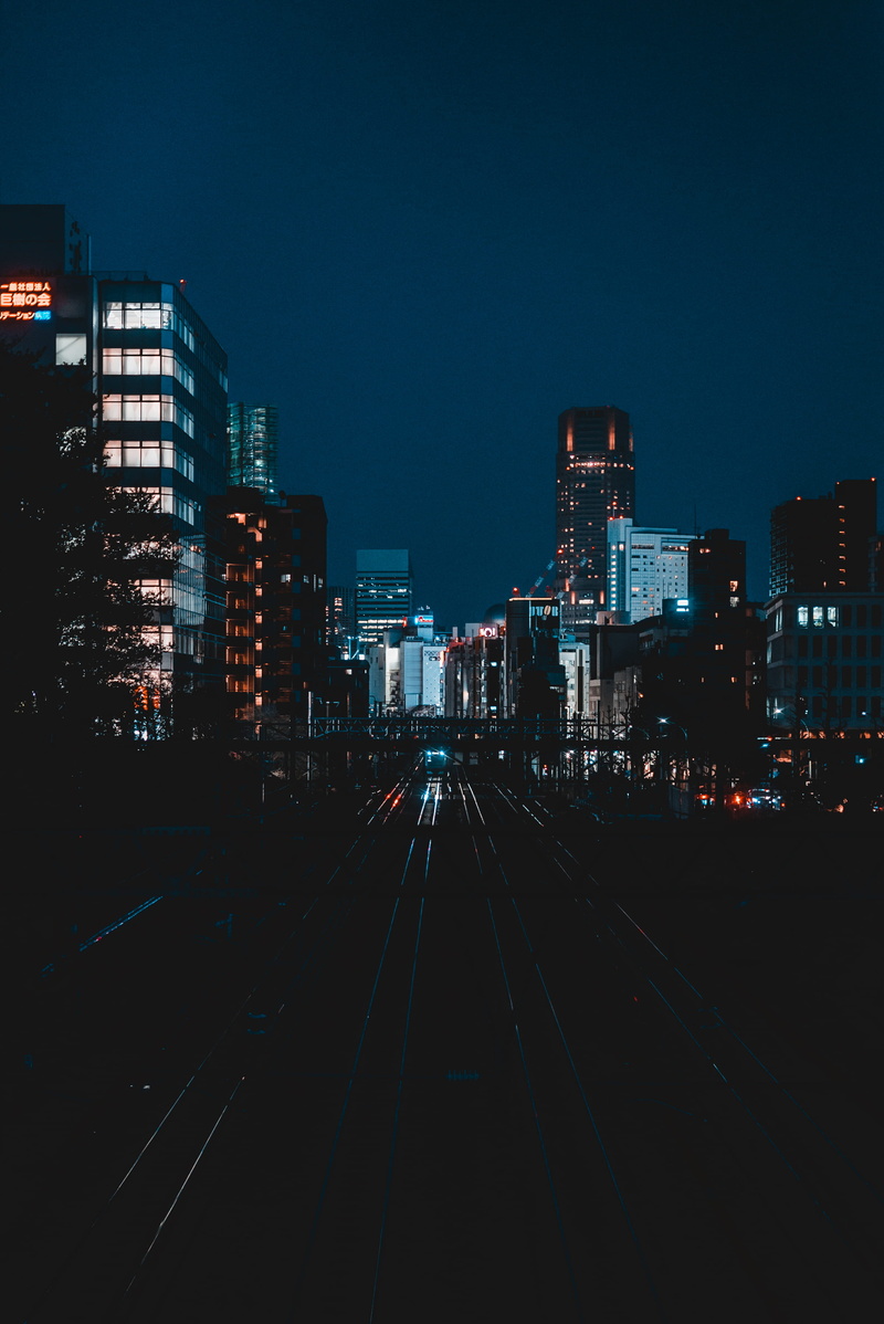 transportation, nature, outdoors, cityscape, skyscraper, no people, night, railway, tall, railroad, light, harajuku, red, track, office building exterior