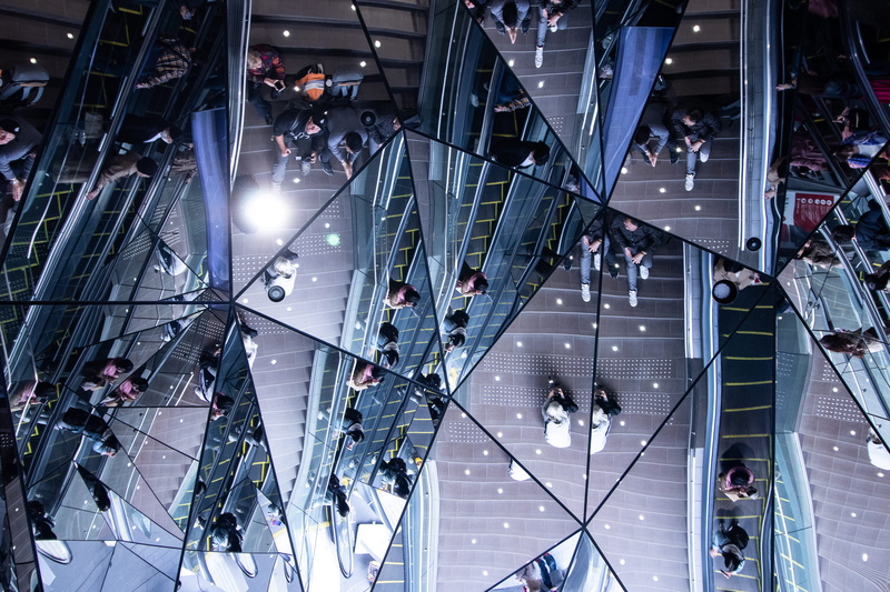 architecture, convention center, flooring, high angle view, modern, skylight, crystal, planetarium, urban, real people, mosaic, building, japan, lighting