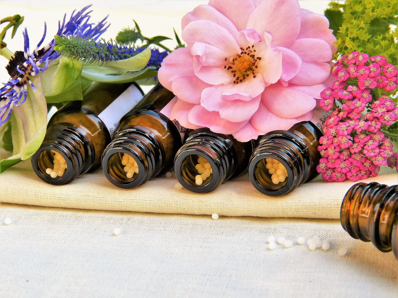 cure, alternative medicine, hahnemann, homeopathy, pink color, arrangement, bottle, passion flower, scattering beads, still life, potentiated drugs, flower head