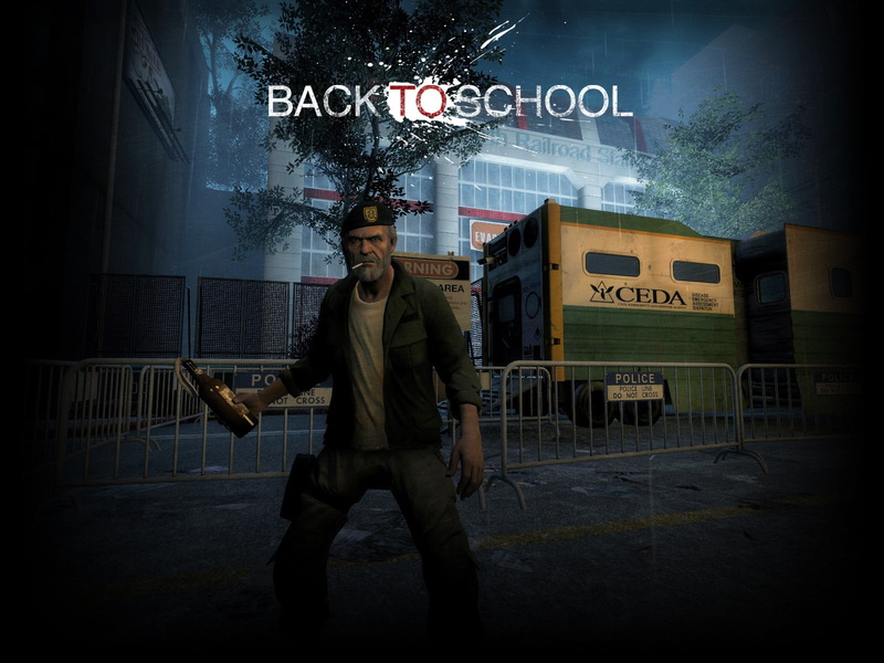 rifles, mid adult, Left 4 Dead 2, digital composite, sign, wall - building feature, Back To School, 720P, communication, aggression, men, standing, front view