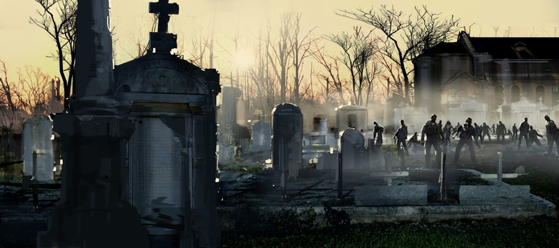 group of people, video games, outdoors, real people, Left 4 Dead 2, building, the past, plant, religion, architecture, tombstone, built structure, cemetery