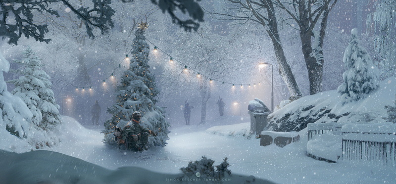 trash, winter, lights, dark, soldier, snow, Christmas Tree, 2K, christmas lights, artwork, night, trees, dog, military, snowing, gun