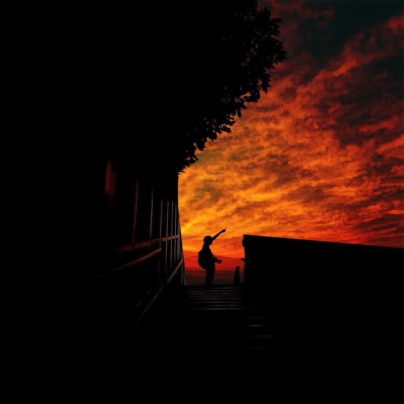 orange color, burning, person, sign, 720P, men, direction, right, silhouette, architecture, hand, one person, fire, real people, dark, standing, built structure