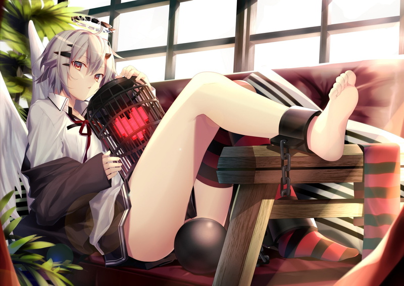 heart, foot, hair, heart in cage, short hair, anime, bare foot, 1080P, cage, manga, bare, short