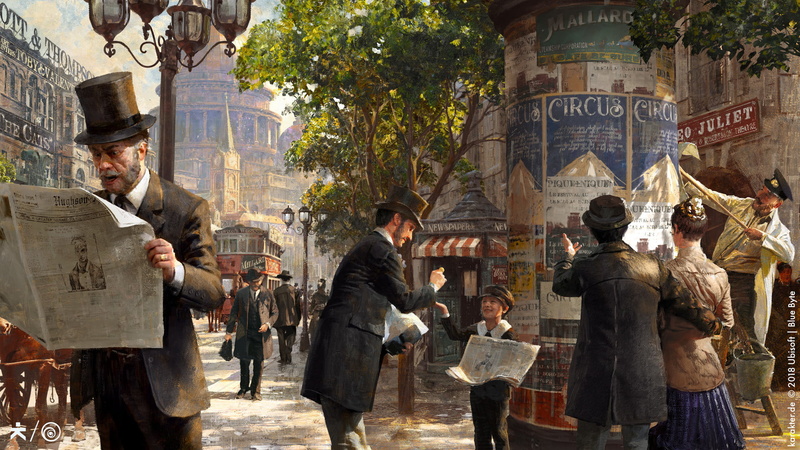 digital art, tram, reading, newspapers, painting, children, building, 1080P, video games, fan art, Victorian, top hat, people, women, artwork, street