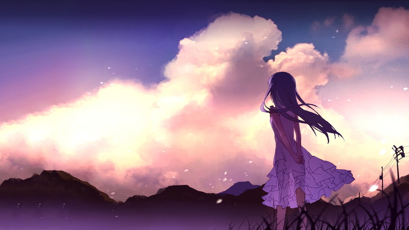 1080P, silhouette, cloud - sky, sky, sunset, clouds, anime, long hair, angel, scenics - nature, beauty in nature, one person, Honma Meiko, digital, adult