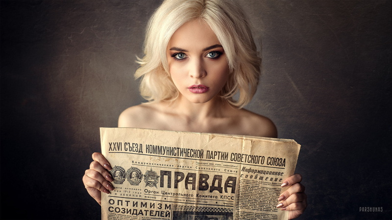 USSR, newspapers, blonde, Anton Parshunas, portrait, face, women, Kristina Mamatyukova, 1080P, simple background