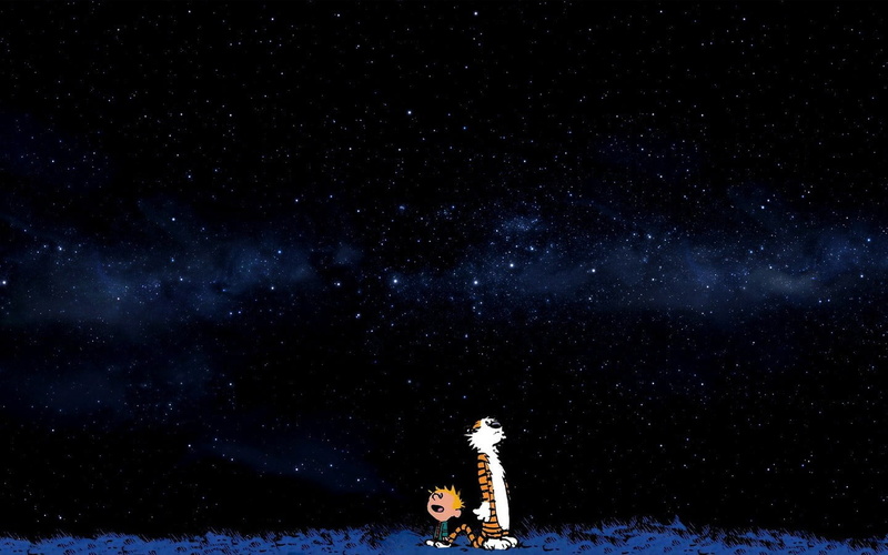 people, standing, real people, stars, illustration, illuminated, 720P, Calvin and Hobbes, boy, tree, two people, blue, comics, star field, cat, low angle view