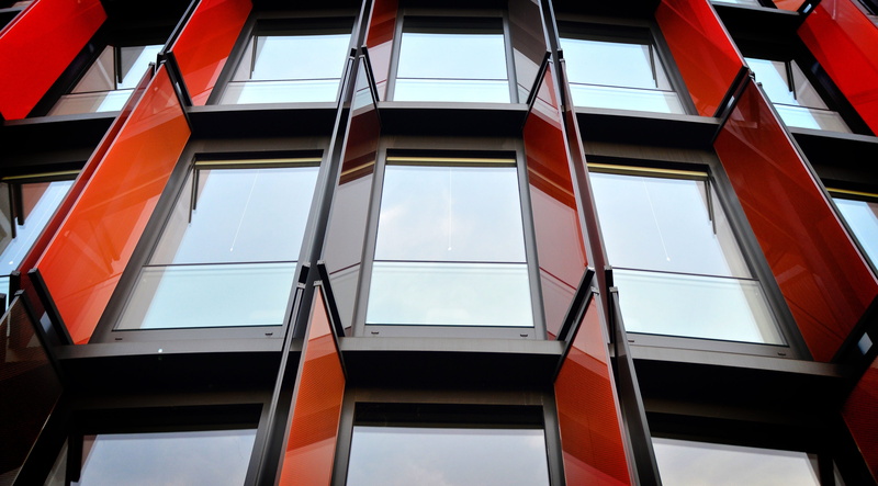 black, facade, sky, concrete, panel, built structure, outdoors, skyscraper, cloud - sky, sunscreen, alloy, building, full frame, low angle view, glass