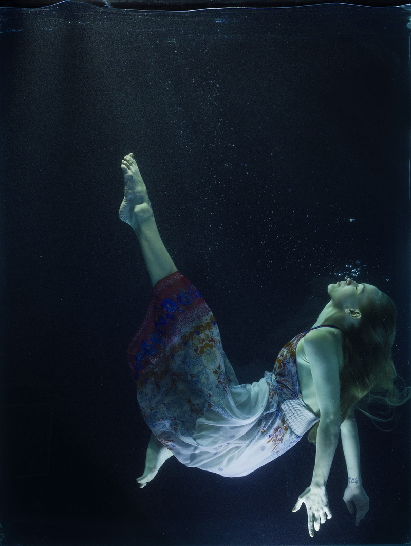 black background, auto post production filter, adult, swimming, young girl, clothes, water, human, dom, night, one person, the young woman, make-up, photography