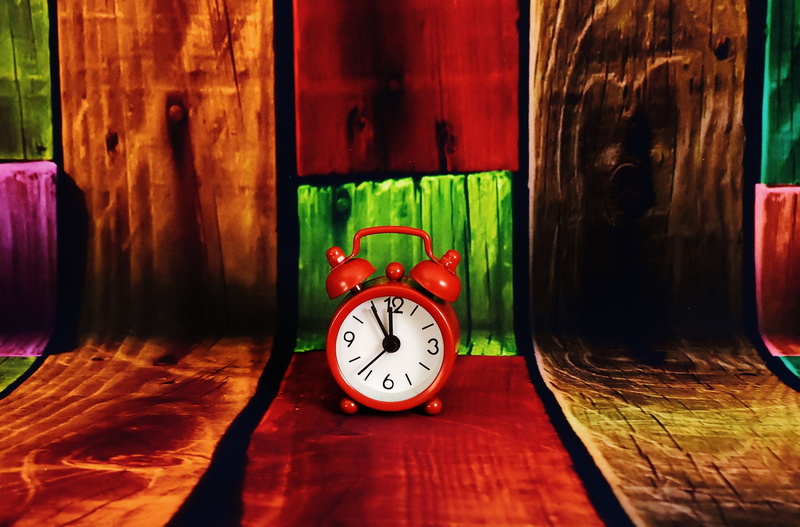 alarm clock, hour, multi colored, wood grain, no people, retro styled, the eleventh hour, number, wood - material, red, memory, time, arouse, morning, table
