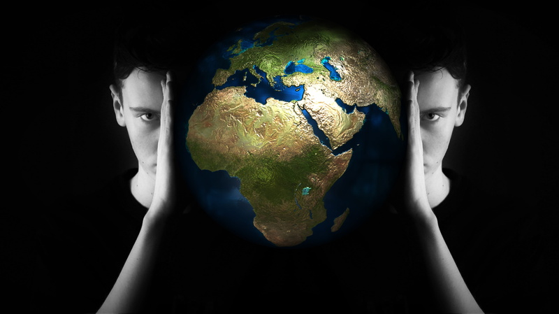 body part, globe - man made object, planet earth, digital composite, portrait, self-knowledge, indoors, global communications, knowledge, space, artificial