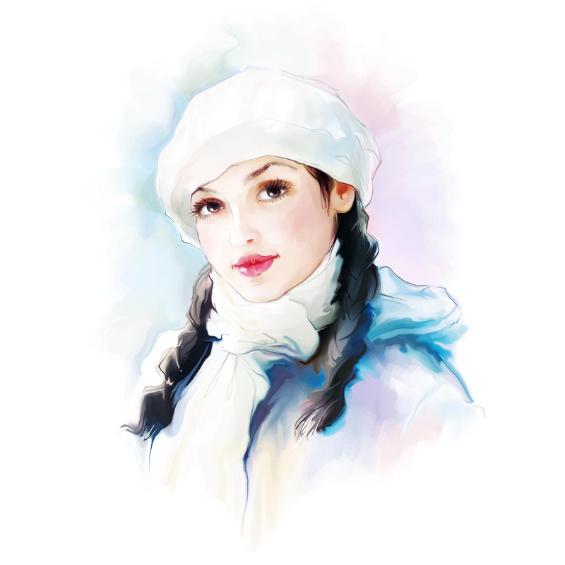 white, soft, lady, woman, watercolor, beauty, scarf, 2K, girl, hat, winter, painting