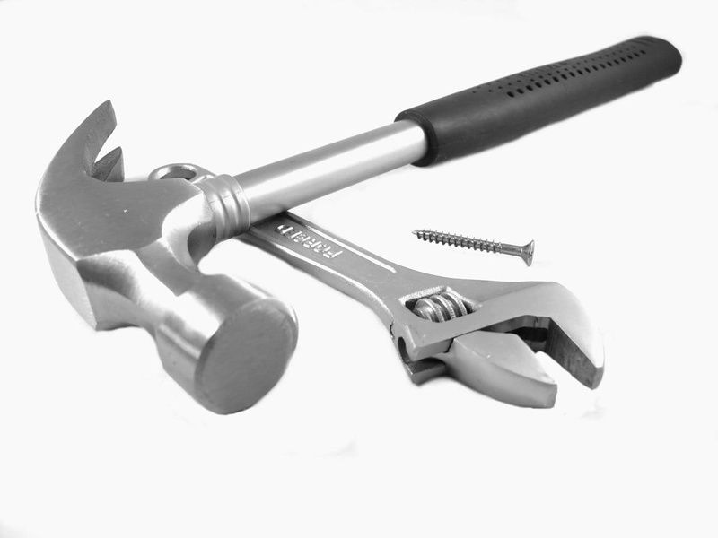 gray, job, build, steel, adjustable wrench, work, hitting, wrench, high angle view, construction industry, metal, hammer, nail, nails, claw hammer, kit