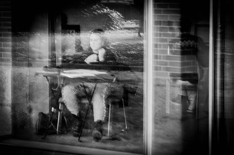 people, lifestyles, digital composite, books, girl, glass - material, adult, madrid, architecture, standing, study, retail display, transparent, bw, blurred motion