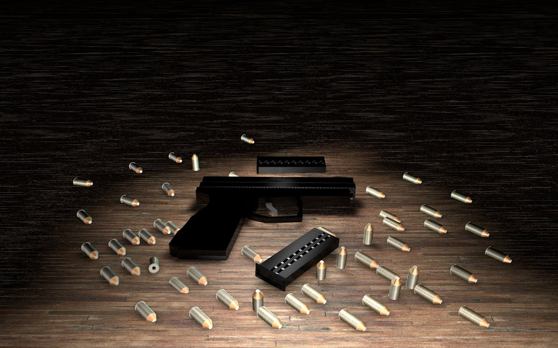 weapon, text, bullets, large group of objects, wood - material, black, metal, equipment, black color, table, indoors, hand gun, still life, directly above