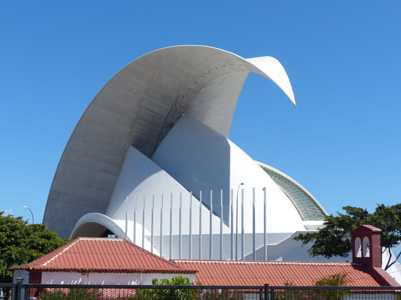 de, concert hall, canary islands, no people, design, arch, blue, city, sky, day, low angle view, auditorium of tenerife, tenerife, building exterior, roof