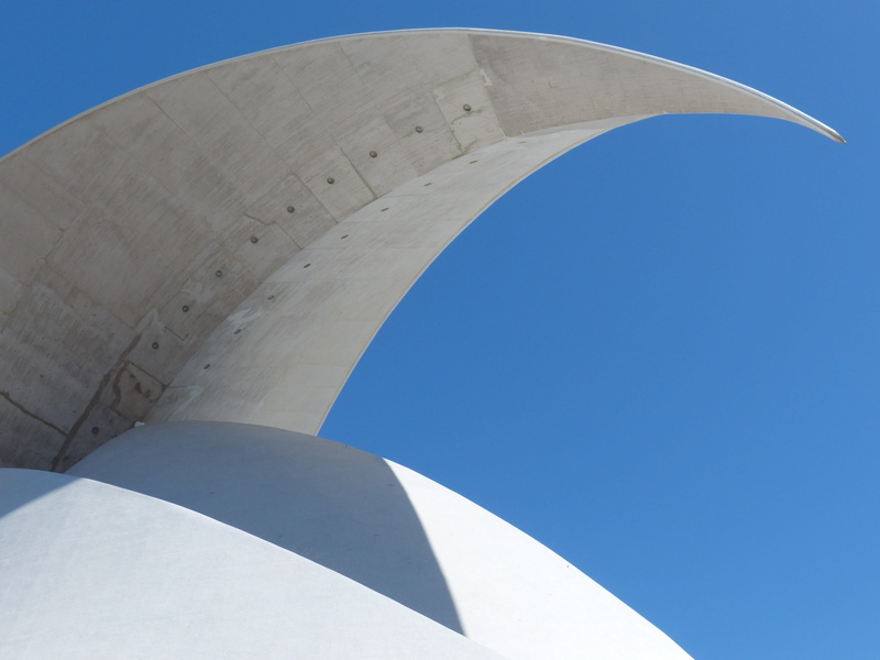 design, concrete, roof, auditorium, canary islands, auditorio de tenerife, clear sky, blue, low angle view, white color, santa cruz, curve, white, transportation