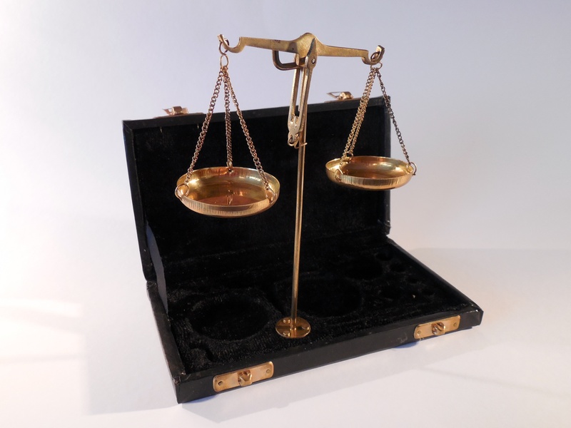 close-up, studio shot, high angle view, legal system, weight scale, equality, hanging, still life, gold, finance, case, balance, antique, focus on foreground