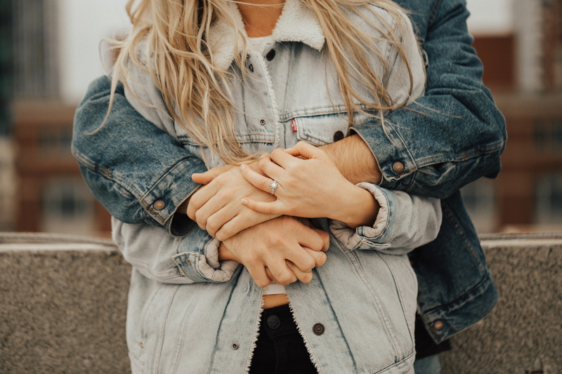 two People, warm clothing, standing, leisure activity, midsection, front view, denim, boyfriend, men, couple - Relationship, girlfriend, love, embracing