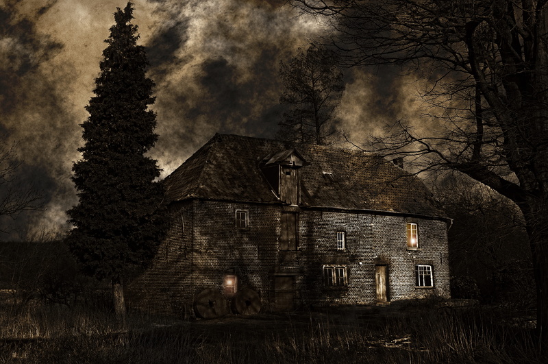 fear, surreal, building, threatening, textured effect, horror, tree, night, outdoors, facade, gray, mood, dark, architecture, old, decay, haunting, history