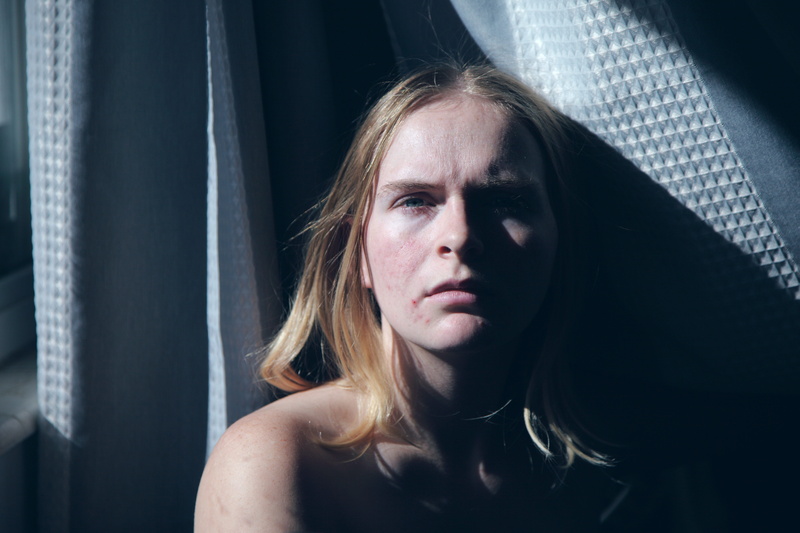 headshot, curtain, portrait, counseling, depression, stress, 5K, female, front view, mental illness, health, indoors, looking at camera, leisure activity
