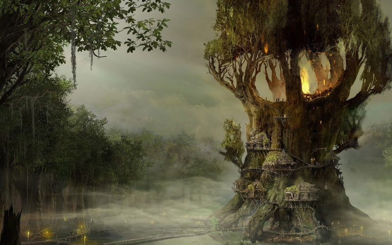 fantasia, arbol, magico, 2K