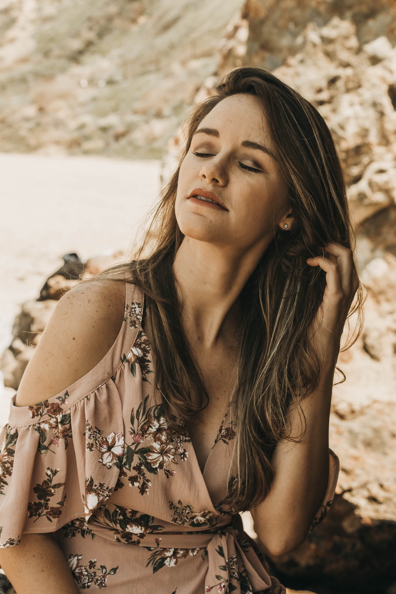 outdoors, person, closing, young adult, blonde, blouse, adverstisment portrait companyshoot summer fun sun beach malibu ocean rocks bathingsuit dress, focus on foreground