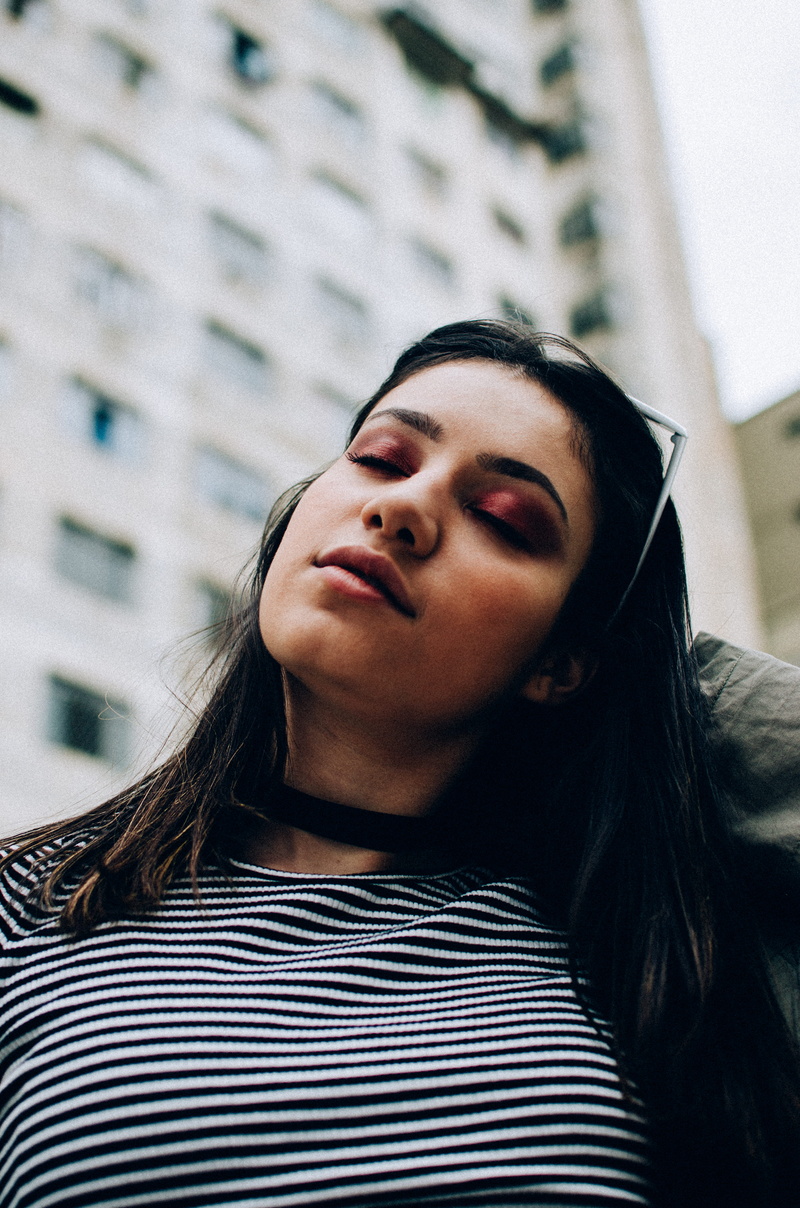 woman, adult, women, low angle view, sideways, wearing, lifestyles, selfie, architecture, closed, white, eyes, hairstyle, beautiful woman, black, long hair