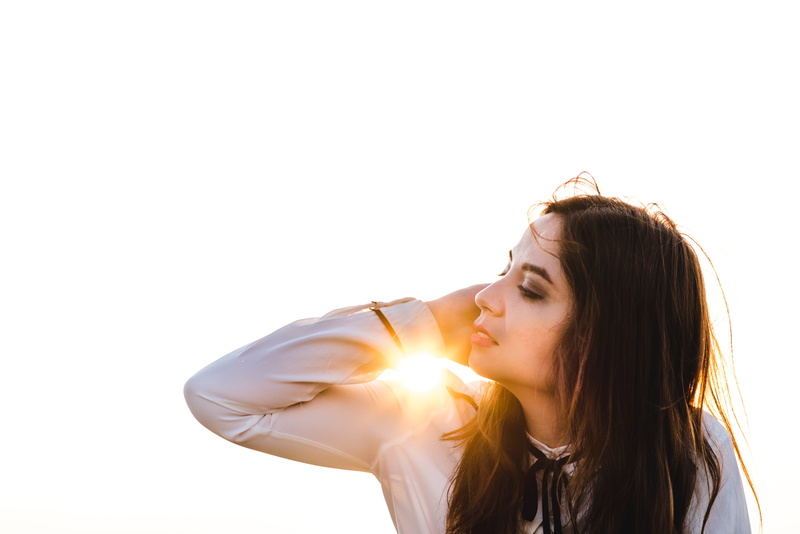 beautiful woman, sunset, shirt, women, white, sleeved, woman, young adult, sun flare, warm, sun, hairstyle, contemplation, shine, leisure activity, headshot