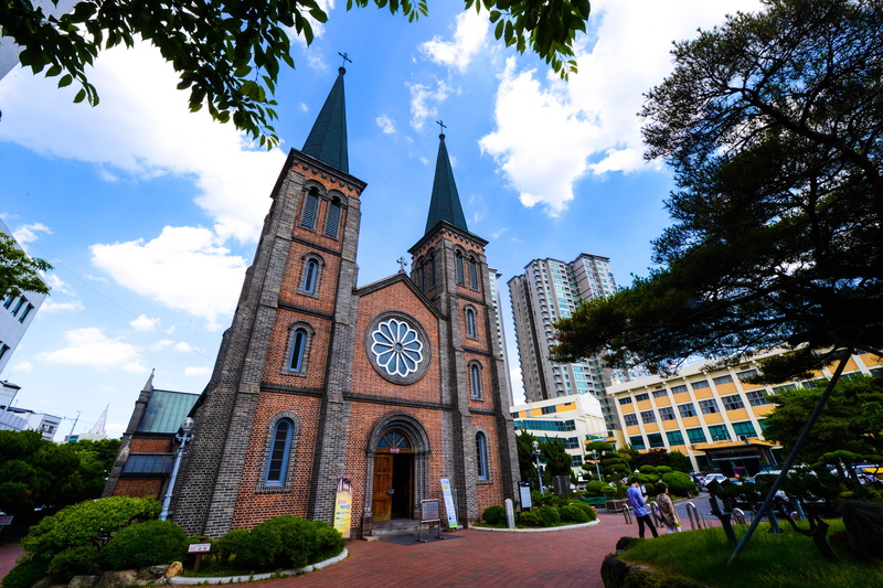 spire, architecture, incidental people, cloud - sky, outdoors, religion, nature, city, tree, apartments on star, tall - high, spirituality, day, daegu