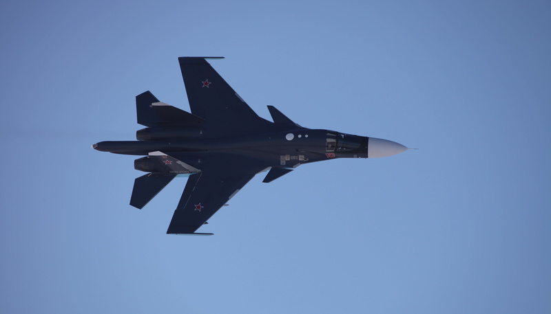 army, BBC, fighter plane, bomber, military, any, Su-34, shooting, goals, mode of transportation, time, surface, no people, vapor trail, performs, land