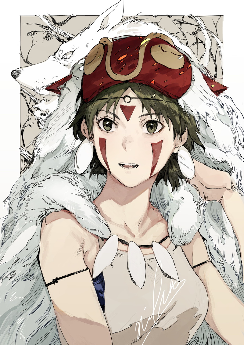 anime girls, Princess Mononoke, 4K, Hirannko, simple background, doodle, anime, Studio Ghibli
